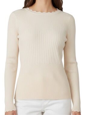 NWT ADRIANNA PAPELL Cream Scallop Neck Ribbed Long Sleeve Sweater Size Medium
